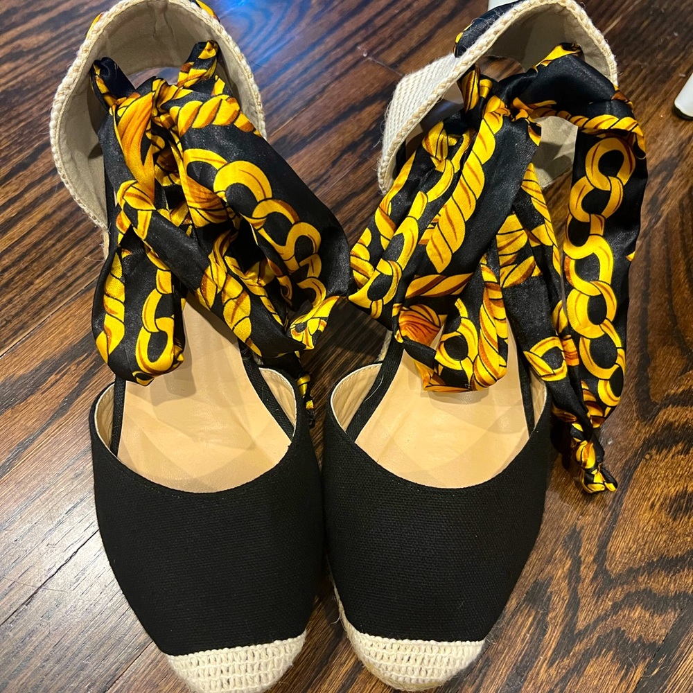 Primark Black Espadrilles with Ribbon Ankle Ties Size 9